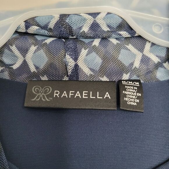 Rafella blue geometric print semi sheer sleeves mock neck career long sleeve M - Picture 4 of 7